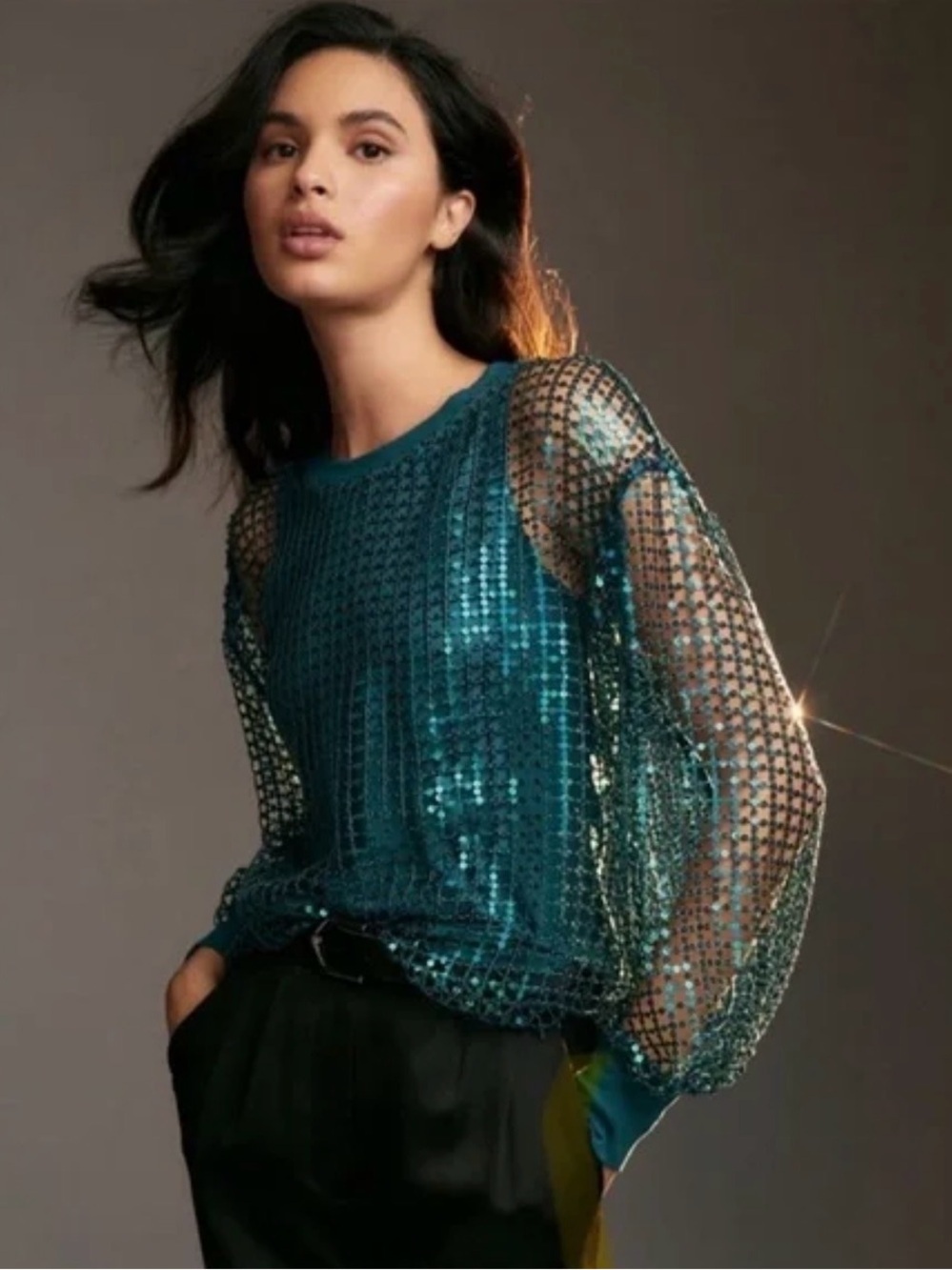 Pilcro Teal Sequin Mesh Pullover